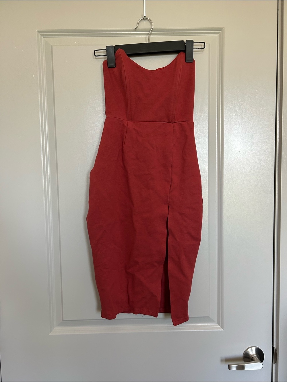 Revolve Brand by the way. Strapless corset top Red Midi Dress with Front Slit